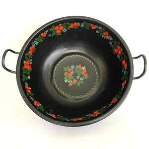 Vintage Hand Painted Toleware Metal Bowl Strawberry Blueberry Footed Basin 14.5"